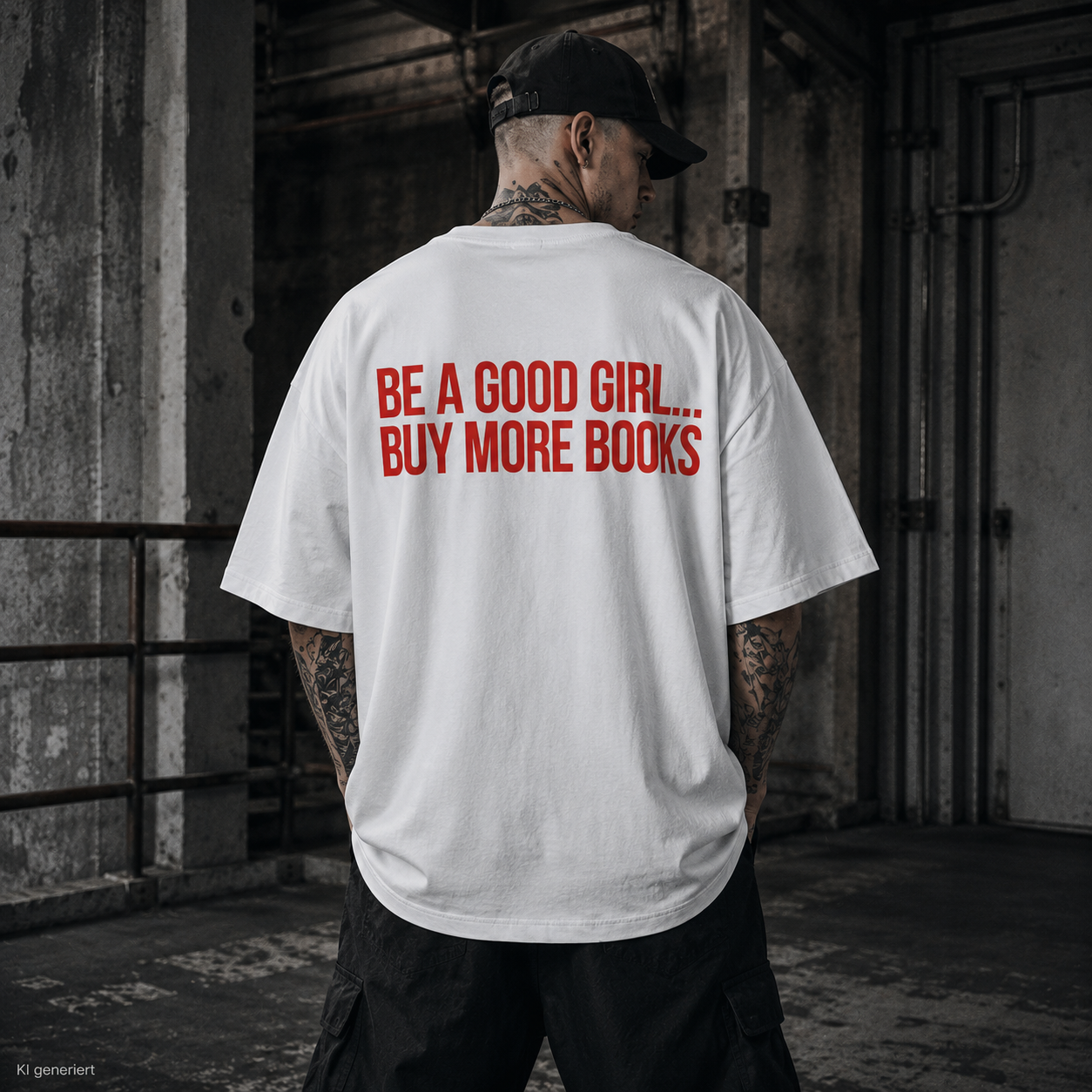 BE A GOOD GIRL... BUY MORE BOOKS – Schwarzes Oversize T-Shirt Unisex mit rotem Backprint | Book Lover Statement Streetwear