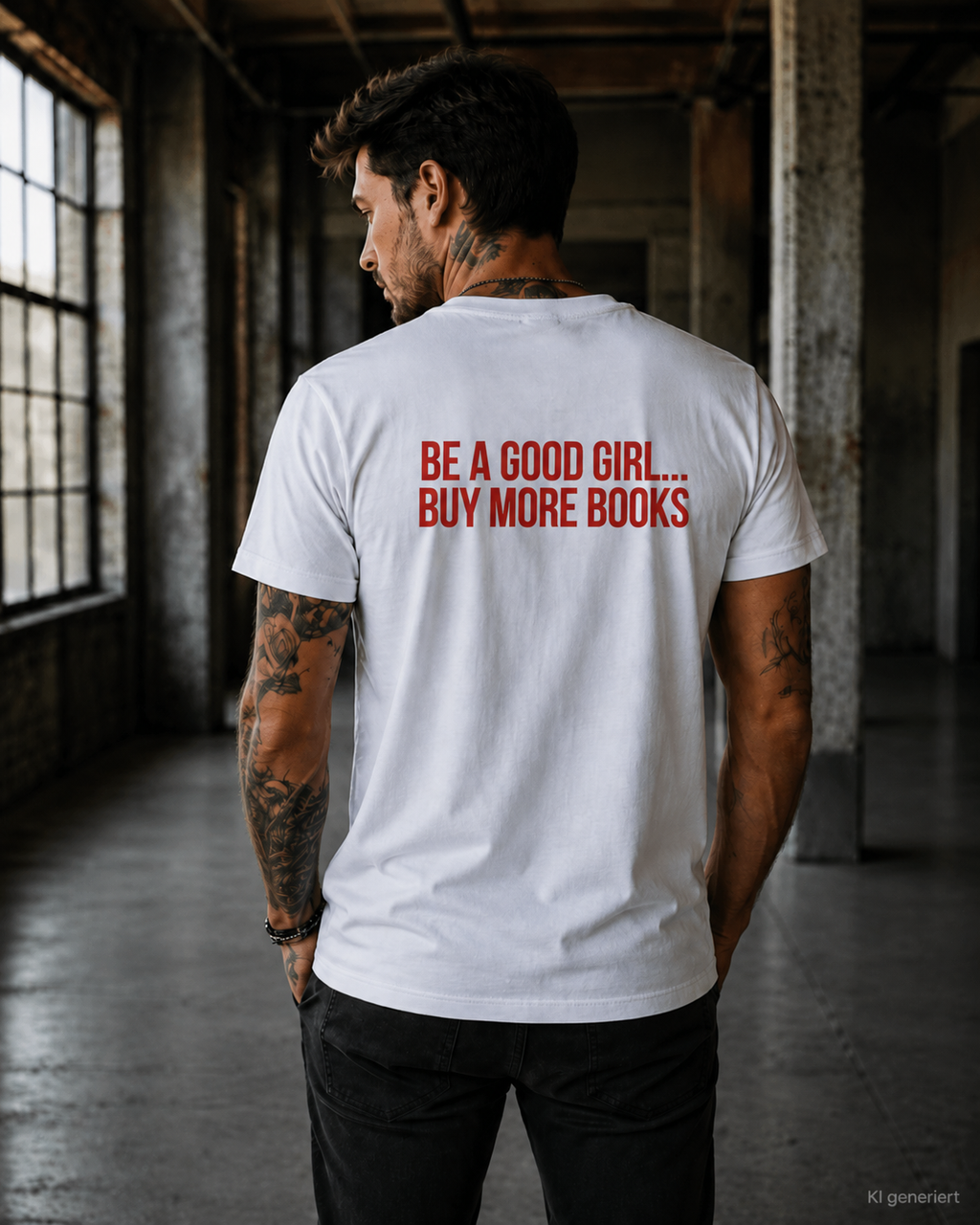 BE A GOOD GIRL... BUY MORE BOOKS – Weißes Regular Fit Unisex T-Shirt mit Backprint | Statement Shirt Book Lover S–5XL