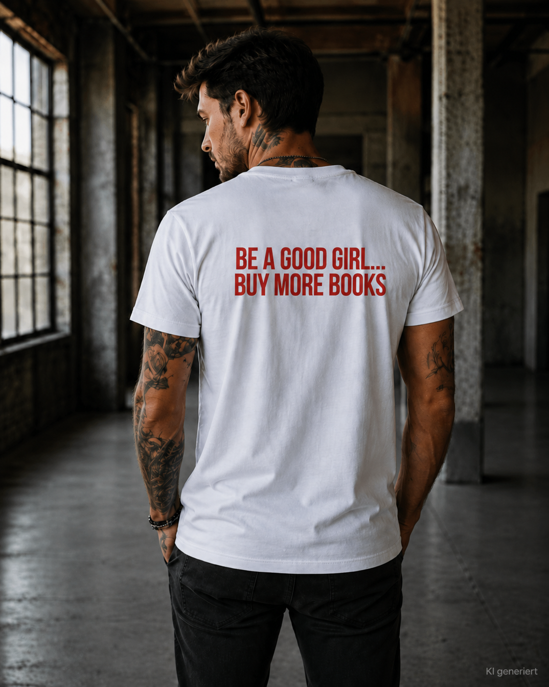 BE A GOOD GIRL... BUY MORE BOOKS – Weißes Regular Fit Unisex T-Shirt mit Backprint | Statement Shirt Book Lover S–5XL