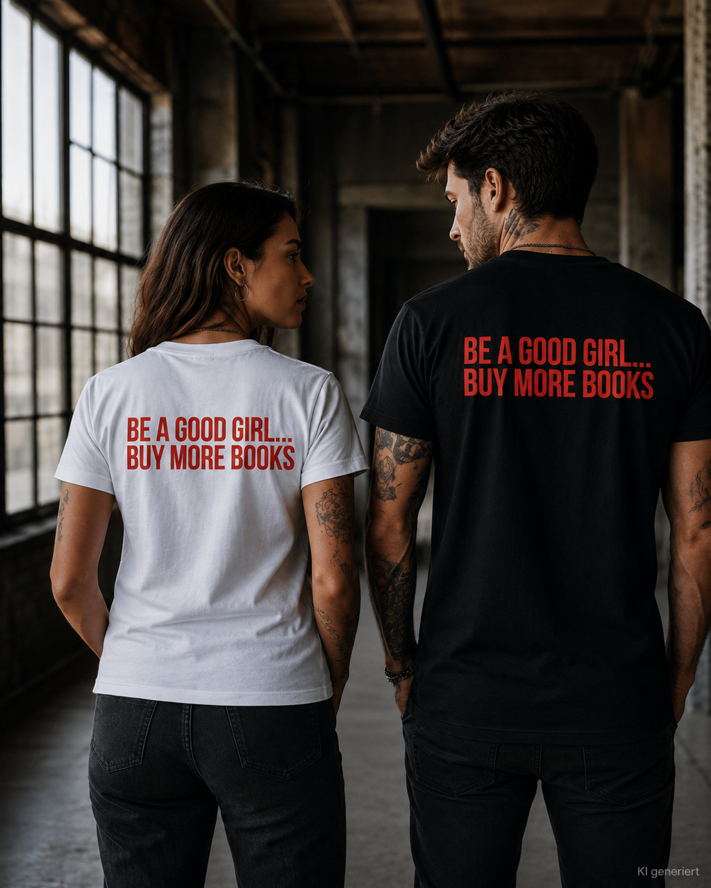BE A GOOD GIRL... BUY MORE BOOKS – Weißes Regular Fit Unisex T-Shirt mit Backprint | Statement Shirt Book Lover S–5XL
