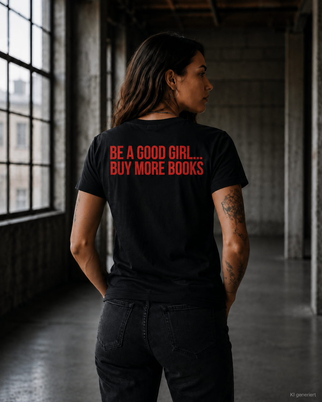 BE A GOOD GIRL... BUY MORE BOOKS – Weißes Regular Fit Unisex T-Shirt mit Backprint | Statement Shirt Book Lover S–5XL