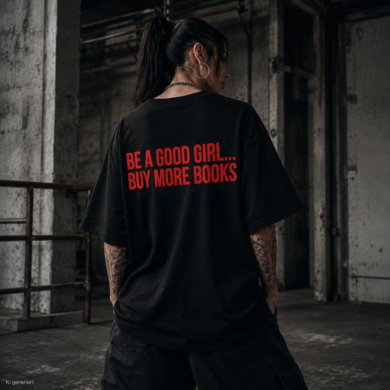 BE A GOOD GIRL... BUY MORE BOOKS – Schwarzes Oversize T-Shirt Unisex mit rotem Backprint | Book Lover Statement Streetwear