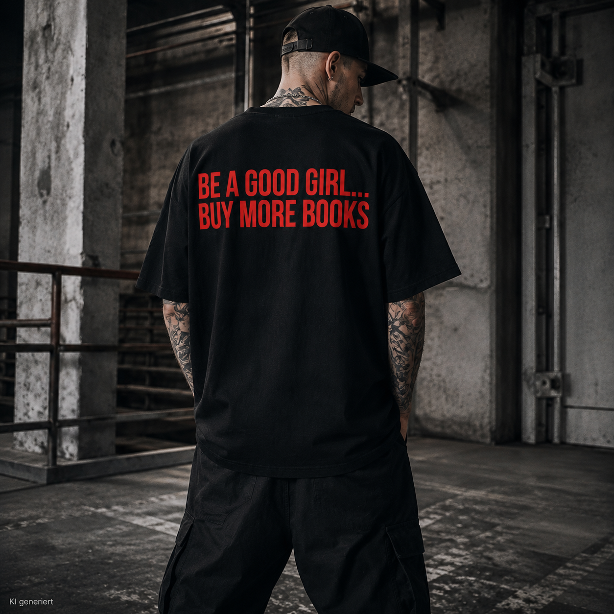 BE A GOOD GIRL... BUY MORE BOOKS – Schwarzes Oversize T-Shirt Unisex mit rotem Backprint | Book Lover Statement Streetwear