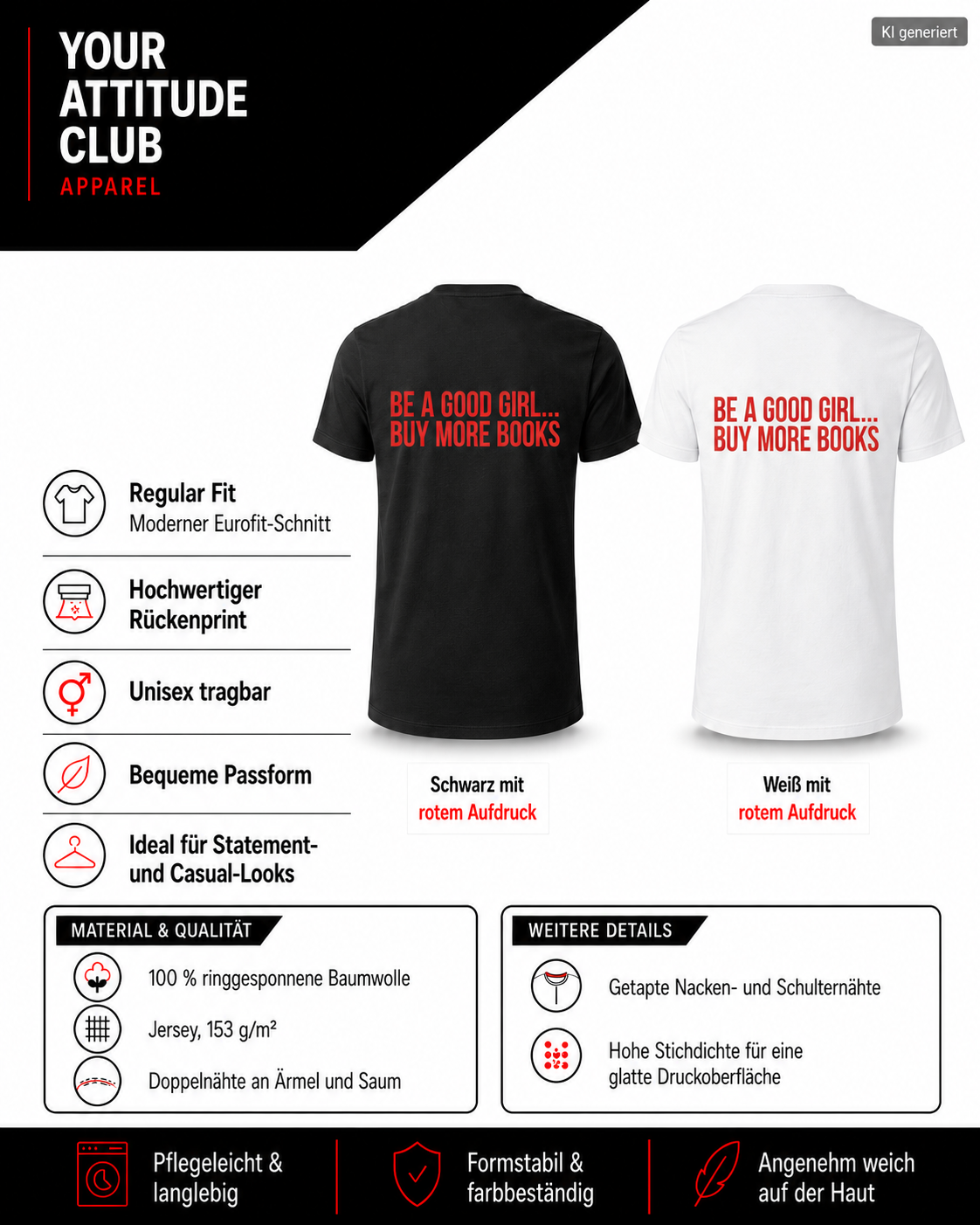 BE A GOOD GIRL... BUY MORE BOOKS – Weißes Regular Fit Unisex T-Shirt mit Backprint | Statement Shirt Book Lover S–5XL
