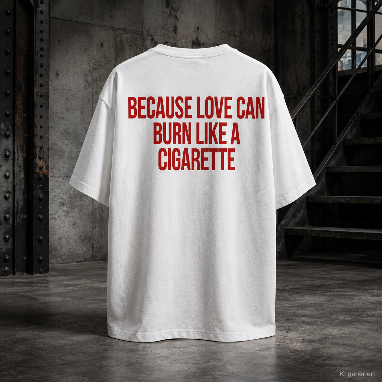 BECAUSE LOVE CAN BURN LIKE A CIGARETTE – Schwarzes Oversize T-Shirt Unisex mit rotem Backprint | Statement Streetwear Shirt