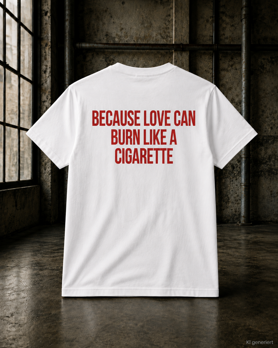 BECAUSE LOVE CAN BURN LIKE A CIGARETTE – Weißes Regular Fit Unisex T-Shirt mit Backprint | Statement Shirt S–5XL