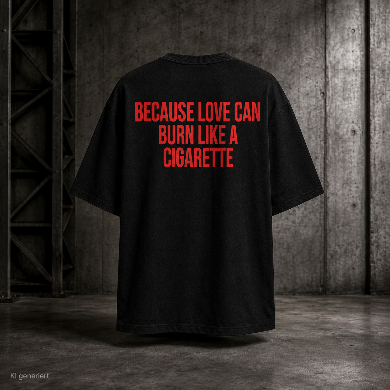 BECAUSE LOVE CAN BURN LIKE A CIGARETTE – Weißes Oversize T-Shirt Unisex mit rotem Backprint | Statement Streetwear Shirt
