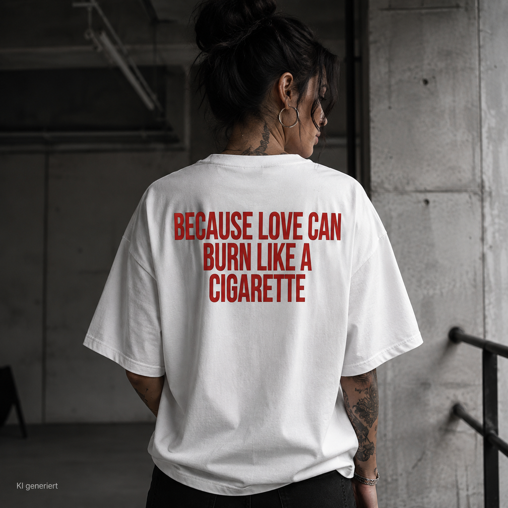 BECAUSE LOVE CAN BURN LIKE A CIGARETTE – Weißes Oversize T-Shirt Unisex mit rotem Backprint | Statement Streetwear Shirt