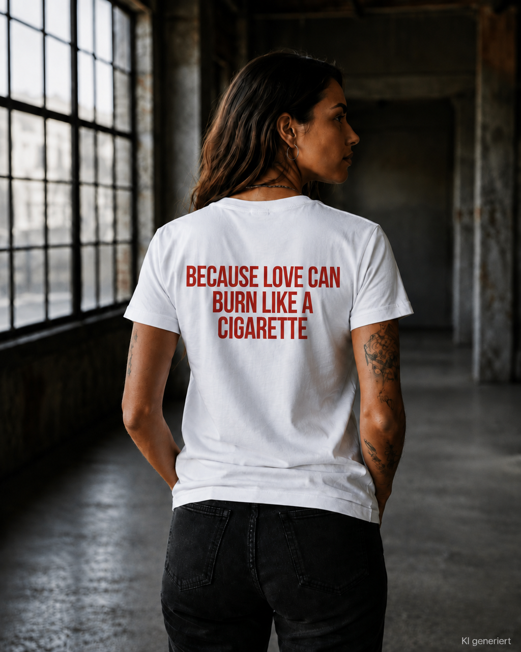 BECAUSE LOVE CAN BURN LIKE A CIGARETTE – Weißes Regular Fit Unisex T-Shirt mit Backprint | Statement Shirt S–5XL
