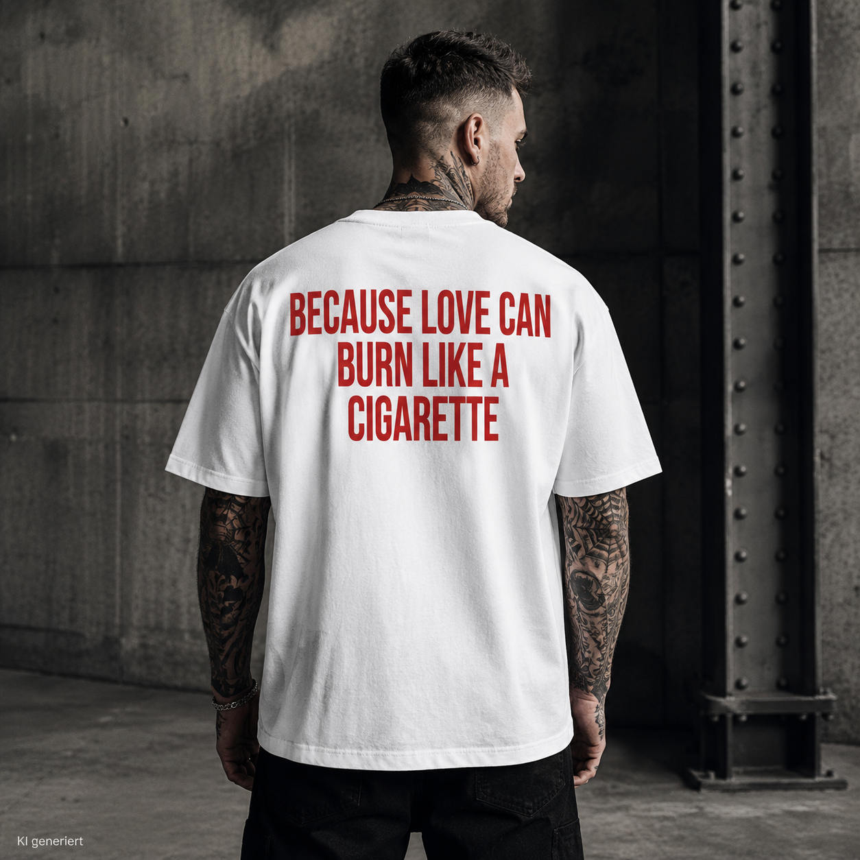 BECAUSE LOVE CAN BURN LIKE A CIGARETTE – Weißes Oversize T-Shirt Unisex mit rotem Backprint | Statement Streetwear Shirt