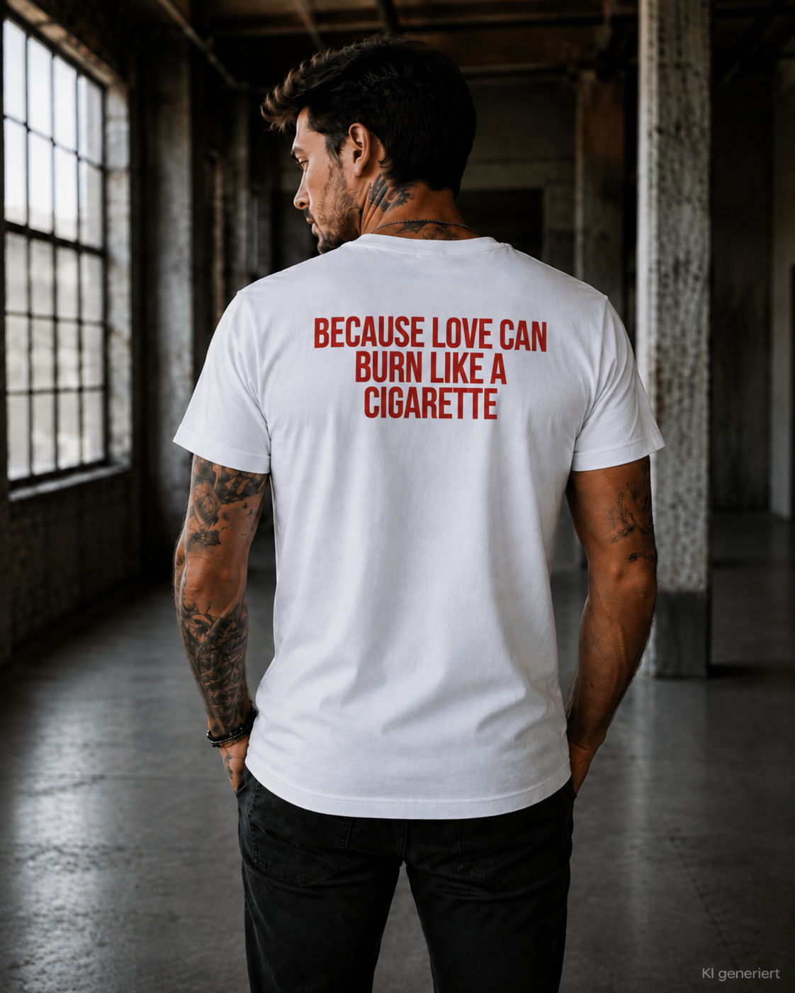 BECAUSE LOVE CAN BURN LIKE A CIGARETTE – Weißes Regular Fit Unisex T-Shirt mit Backprint | Statement Shirt S–5XL