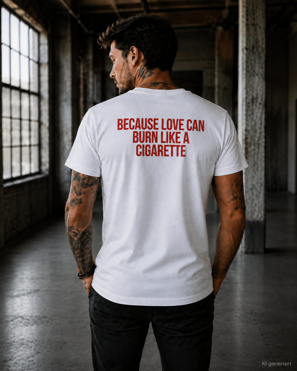 BECAUSE LOVE CAN BURN LIKE A CIGARETTE – Schwarzes Regular Fit Unisex T-Shirt mit Backprint | Statement Streetwear S–5XL