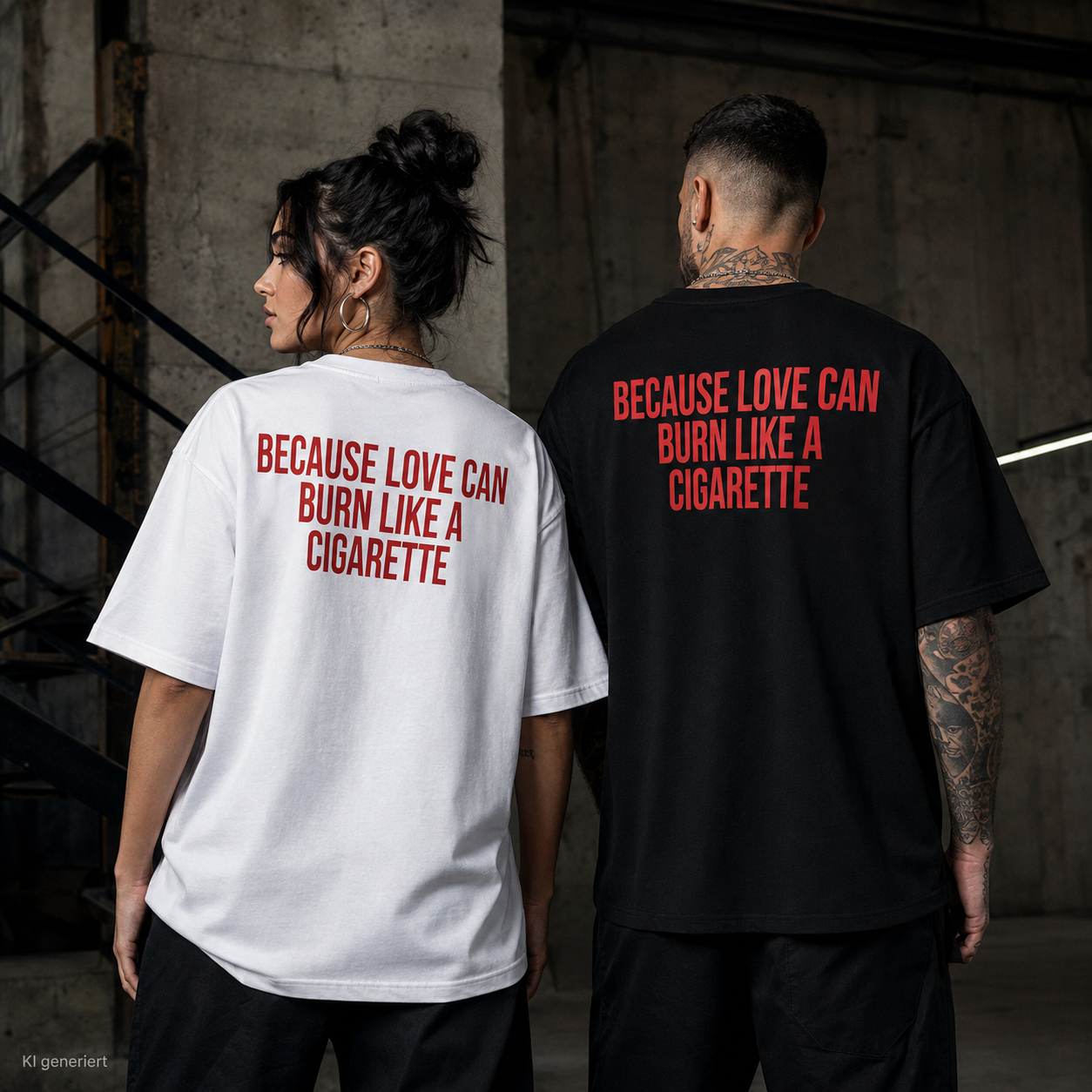BECAUSE LOVE CAN BURN LIKE A CIGARETTE – Weißes Oversize T-Shirt Unisex mit rotem Backprint | Statement Streetwear Shirt