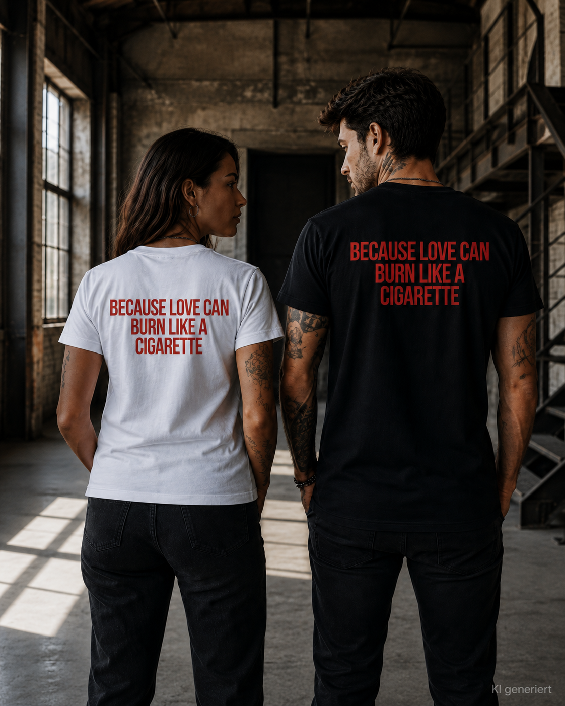 BECAUSE LOVE CAN BURN LIKE A CIGARETTE – Weißes Regular Fit Unisex T-Shirt mit Backprint | Statement Shirt S–5XL
