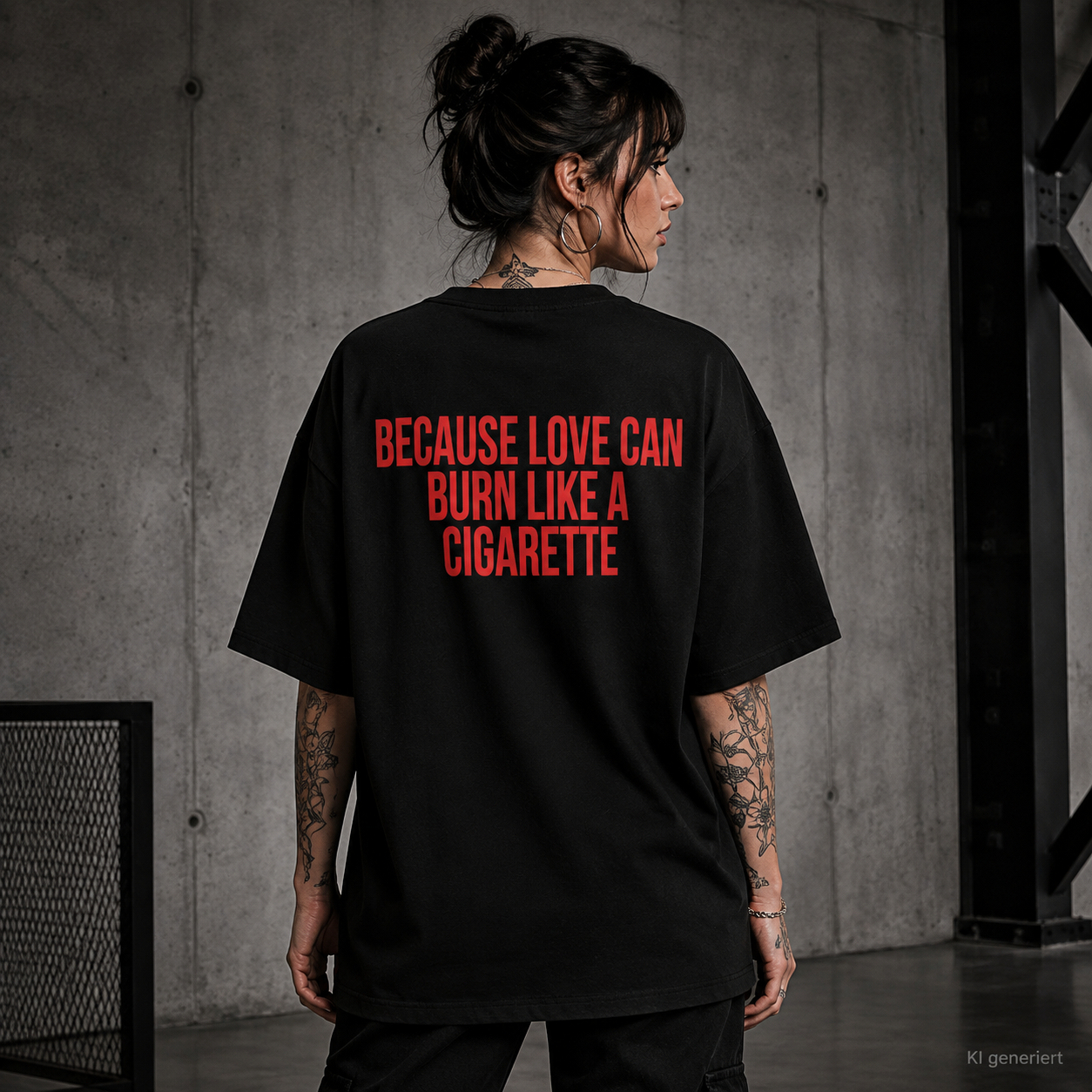BECAUSE LOVE CAN BURN LIKE A CIGARETTE – Schwarzes Oversize T-Shirt Unisex mit rotem Backprint | Statement Streetwear Shirt