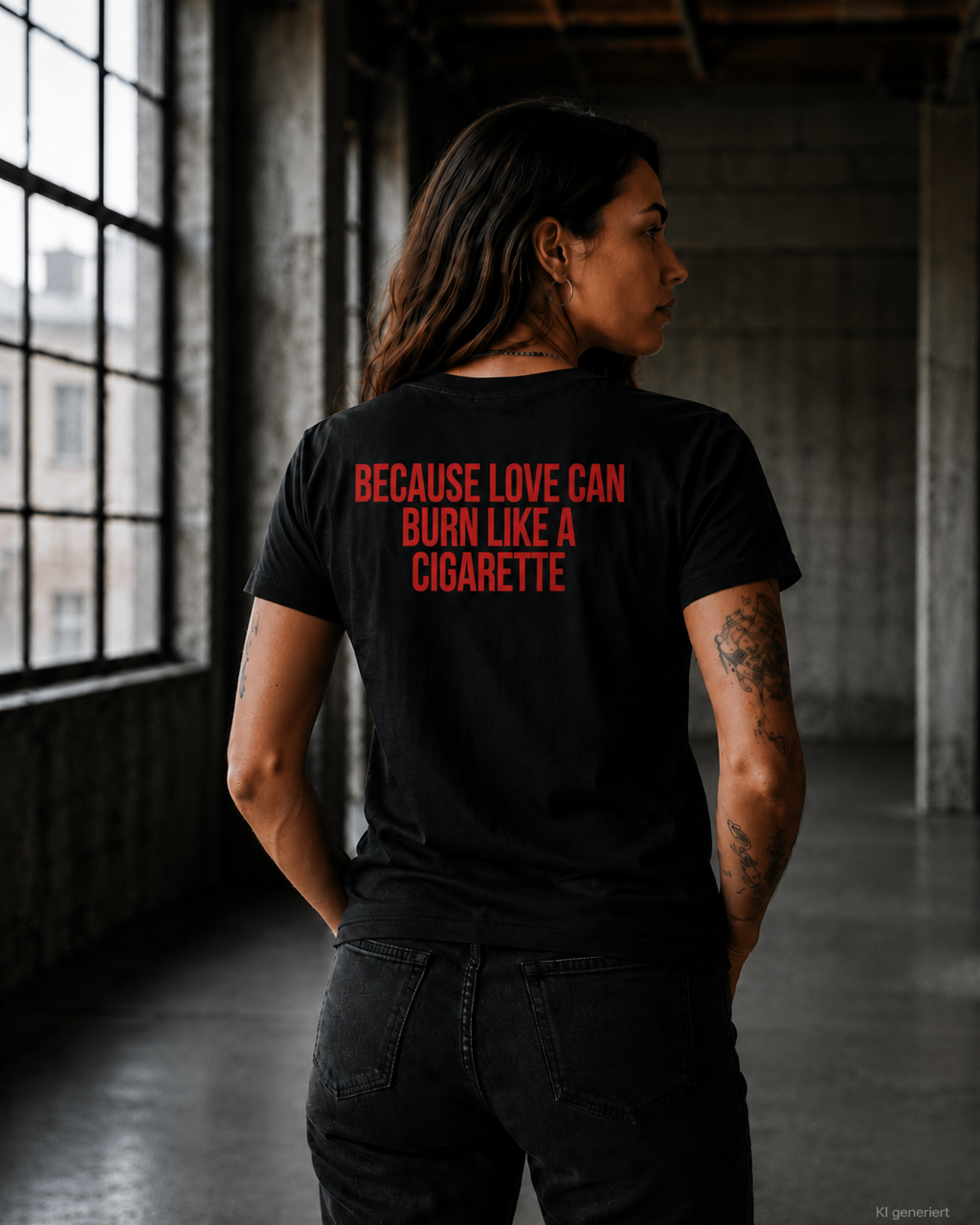 BECAUSE LOVE CAN BURN LIKE A CIGARETTE – Weißes Regular Fit Unisex T-Shirt mit Backprint | Statement Shirt S–5XL