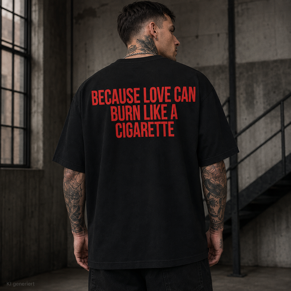 BECAUSE LOVE CAN BURN LIKE A CIGARETTE – Weißes Oversize T-Shirt Unisex mit rotem Backprint | Statement Streetwear Shirt