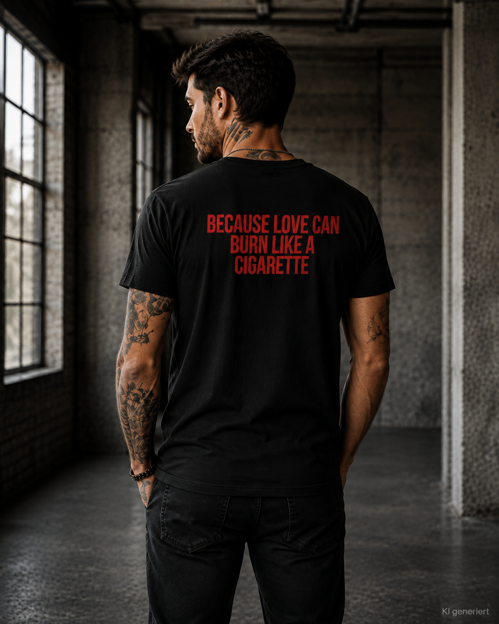 BECAUSE LOVE CAN BURN LIKE A CIGARETTE – Weißes Regular Fit Unisex T-Shirt mit Backprint | Statement Shirt S–5XL
