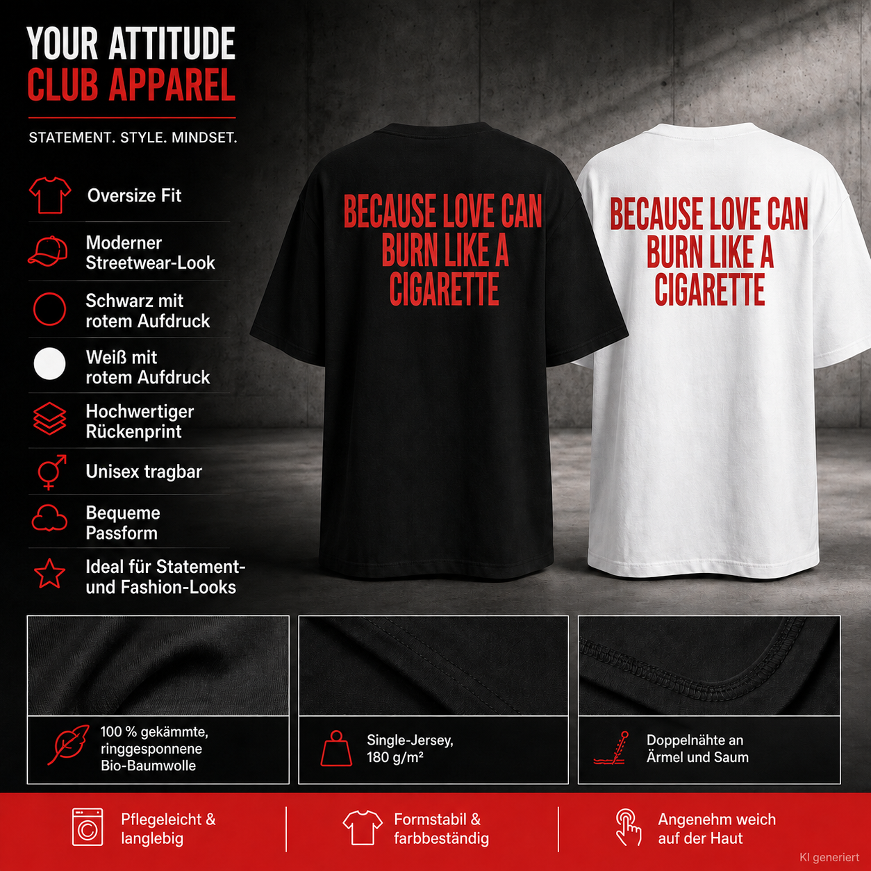 BECAUSE LOVE CAN BURN LIKE A CIGARETTE – Weißes Oversize T-Shirt Unisex mit rotem Backprint | Statement Streetwear Shirt