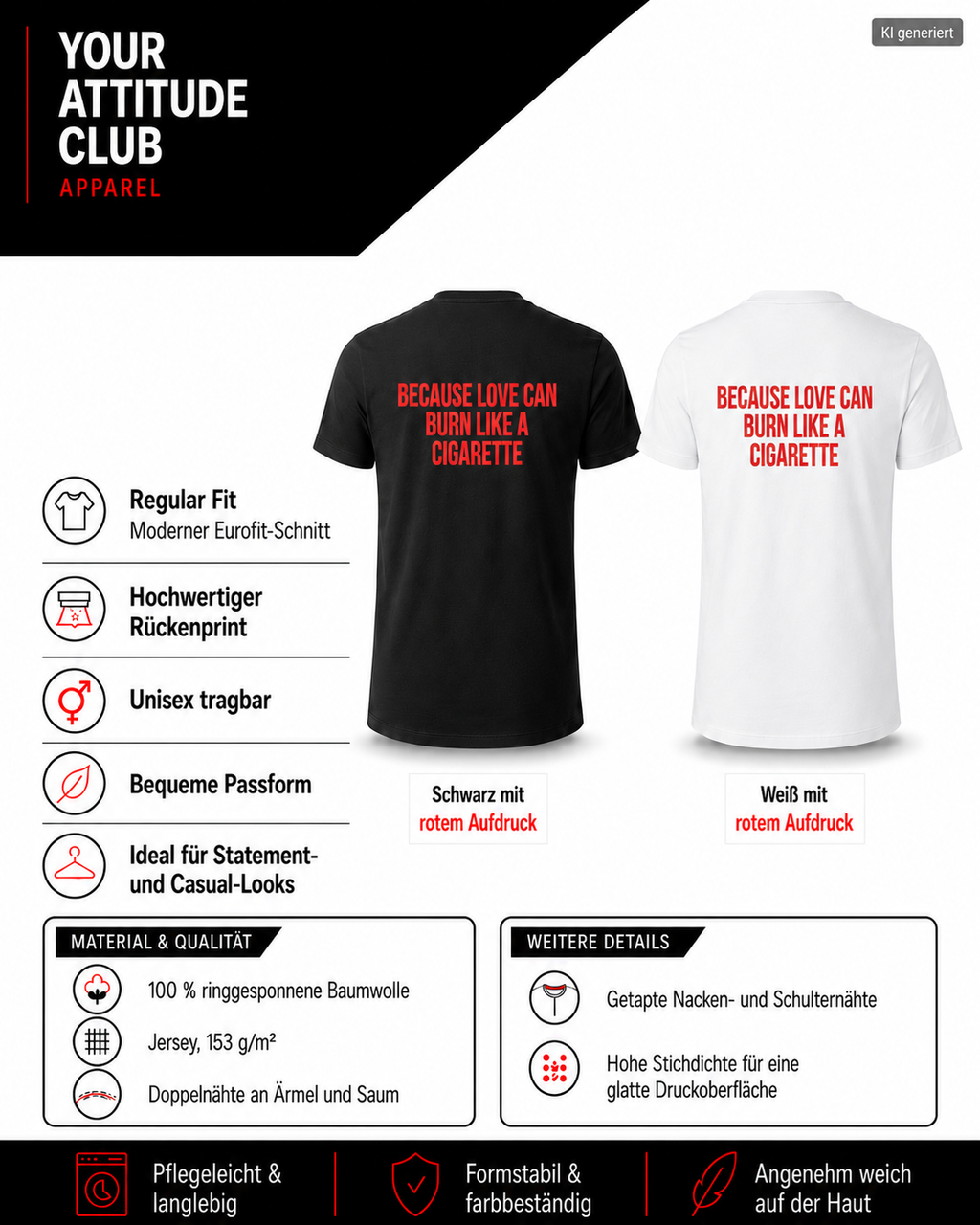 BECAUSE LOVE CAN BURN LIKE A CIGARETTE – Weißes Regular Fit Unisex T-Shirt mit Backprint | Statement Shirt S–5XL