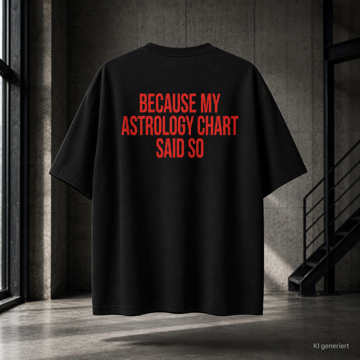 BECAUSE MY ASTROLOGY CHART SAID SO – Weißes Oversize T-Shirt Unisex mit rotem Backprint