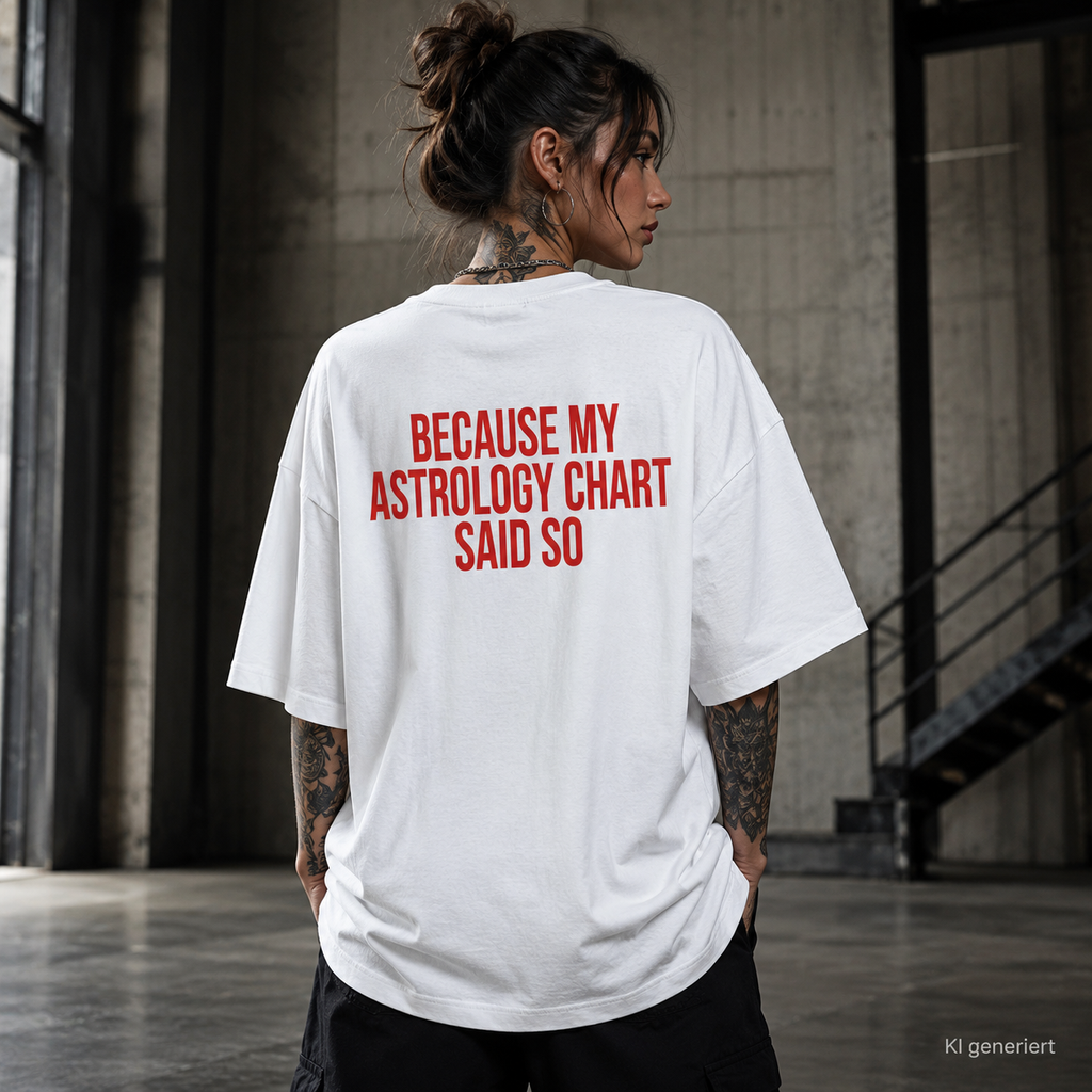 BECAUSE MY ASTROLOGY CHART SAID SO – Weißes Oversize T-Shirt Unisex mit rotem Backprint
