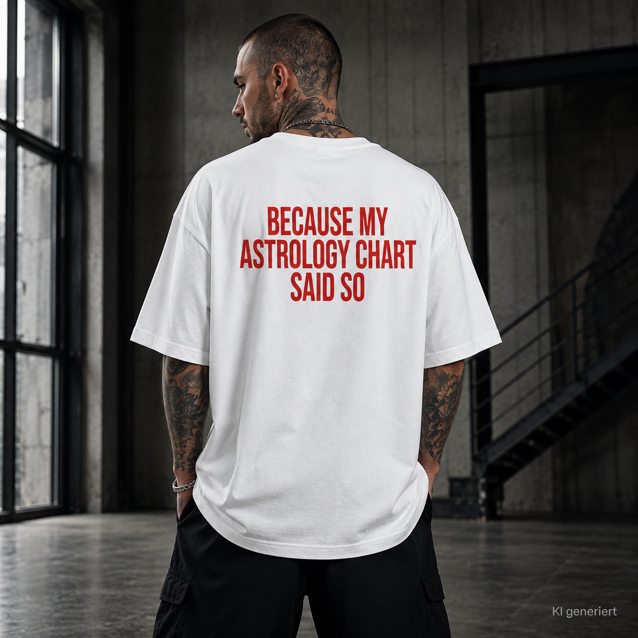 BECAUSE MY ASTROLOGY CHART SAID SO – Weißes Oversize T-Shirt Unisex mit rotem Backprint