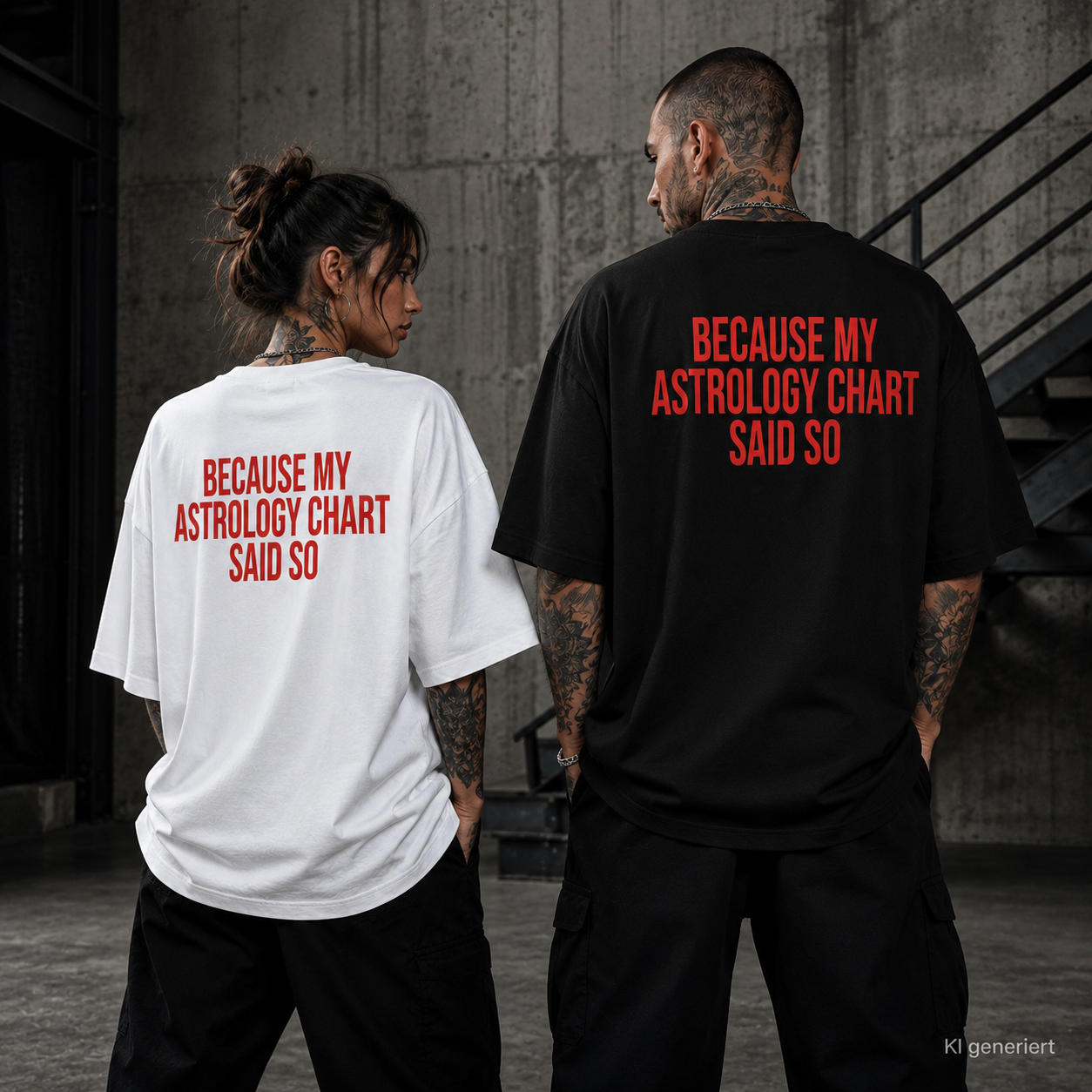 BECAUSE MY ASTROLOGY CHART SAID SO – Weißes Oversize T-Shirt Unisex mit rotem Backprint