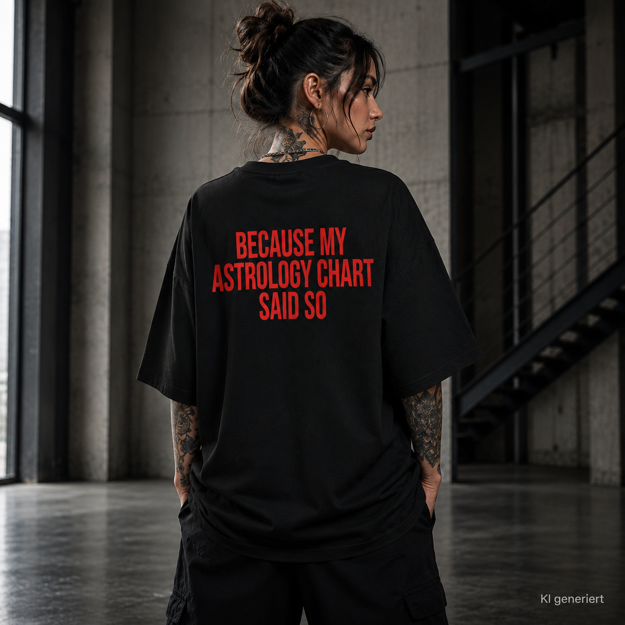 BECAUSE MY ASTROLOGY CHART SAID SO – Weißes Oversize T-Shirt Unisex mit rotem Backprint
