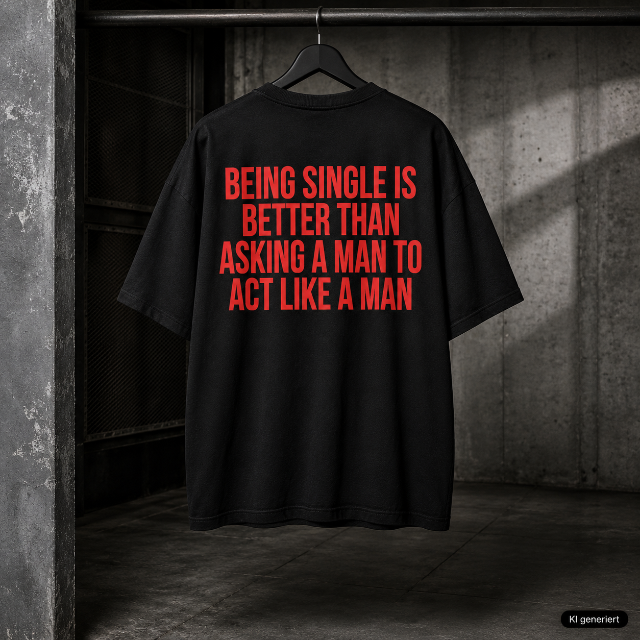 BEING SINGLE IS BETTER THAN ASKING A MAN TO ACT LIKE A MAN – Schwarzes Oversize T-Shirt Unisex mit rotem Backprint | Statement Shirt