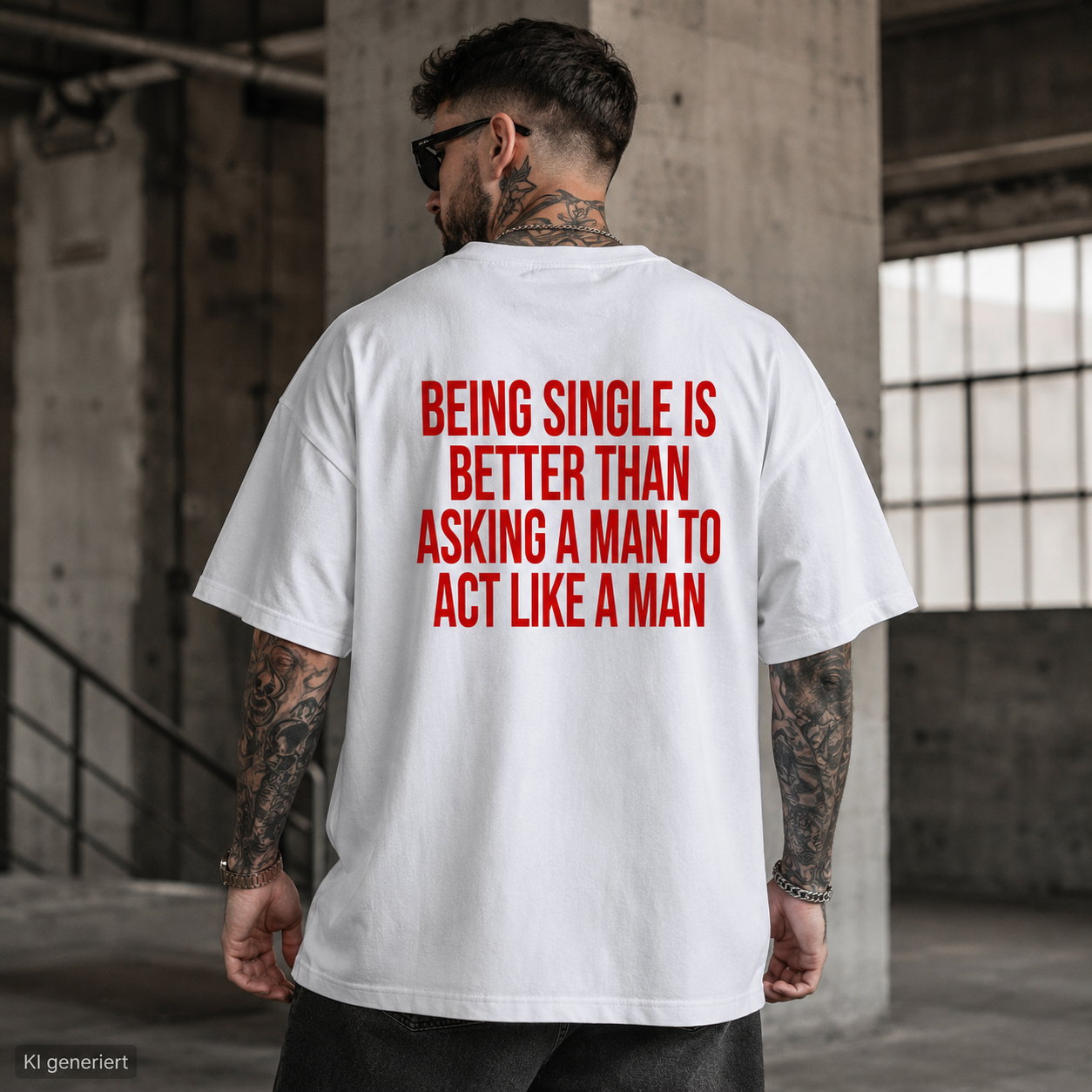 BEING SINGLE IS BETTER THAN ASKING A MAN TO ACT LIKE A MAN – Schwarzes Oversize T-Shirt Unisex mit rotem Backprint | Statement Shirt