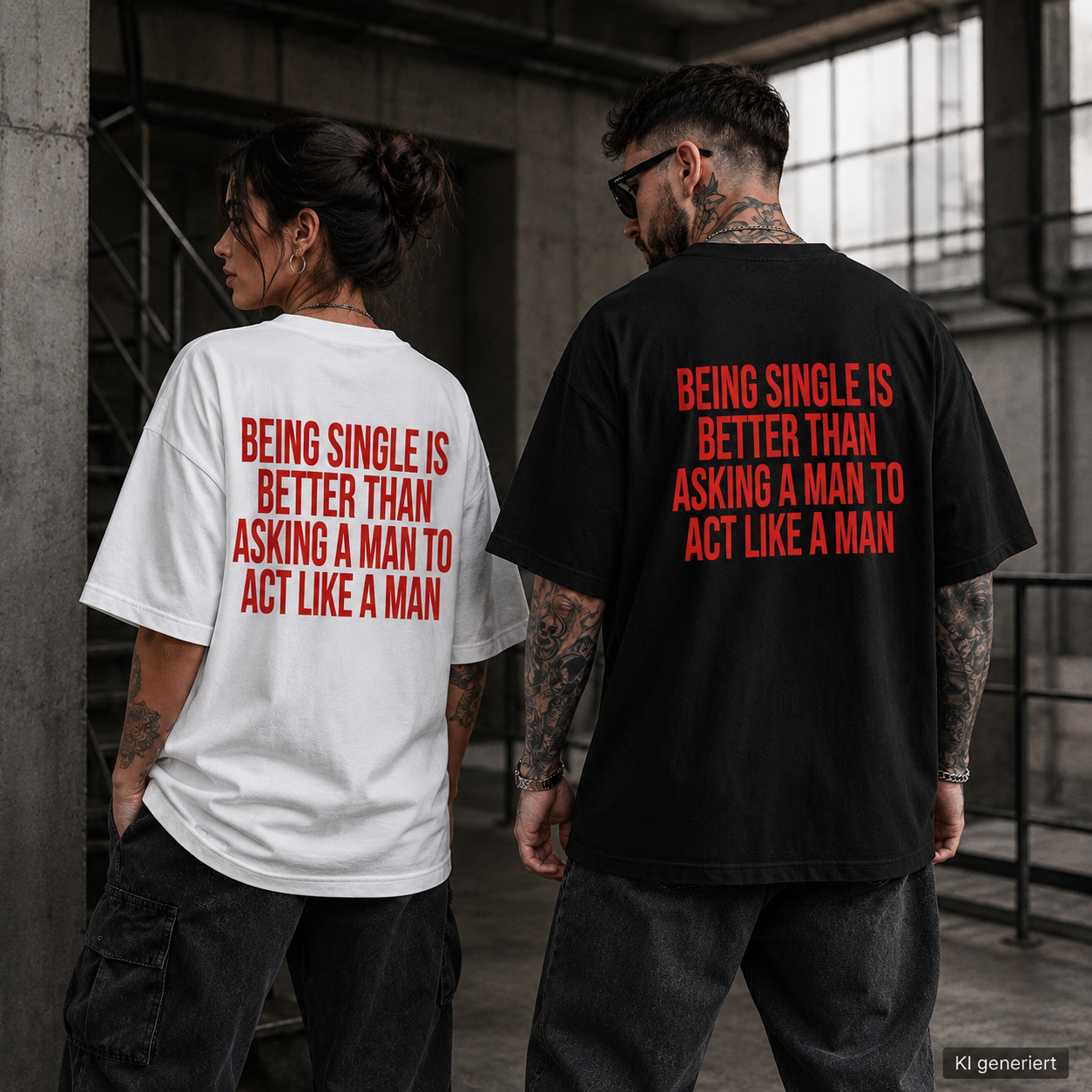 BEING SINGLE IS BETTER THAN ASKING A MAN TO ACT LIKE A MAN – Weißes Oversize T-Shirt Unisex mit rotem Backprint | Statement Shirt