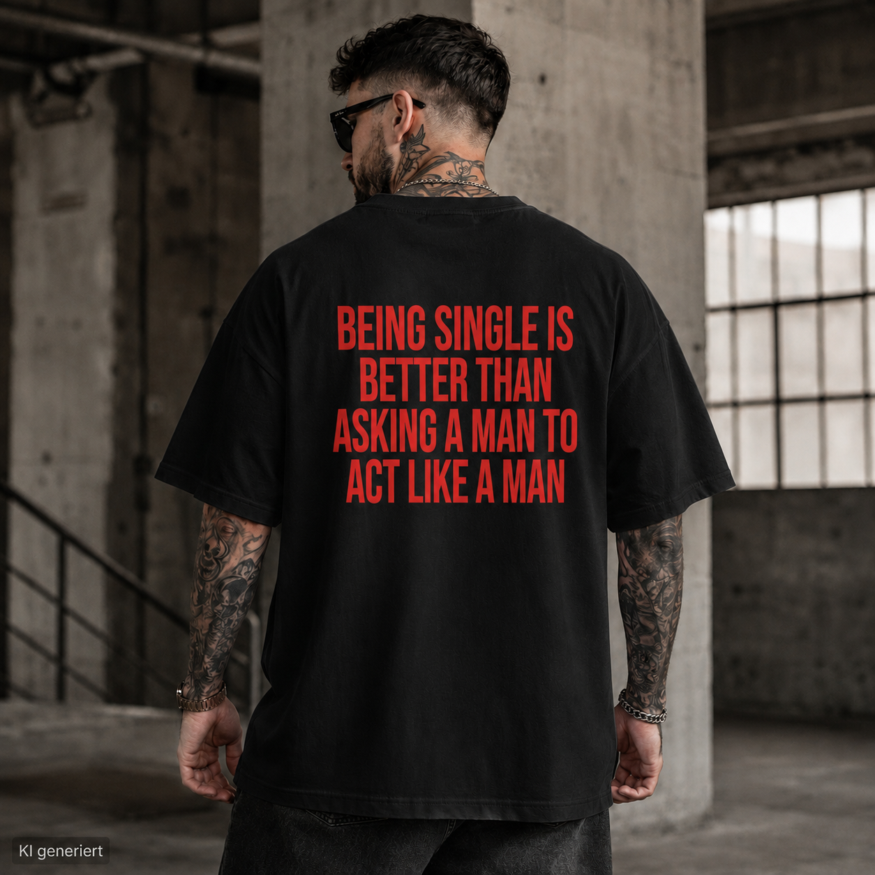 BEING SINGLE IS BETTER THAN ASKING A MAN TO ACT LIKE A MAN – Schwarzes Oversize T-Shirt Unisex mit rotem Backprint | Statement Shirt
