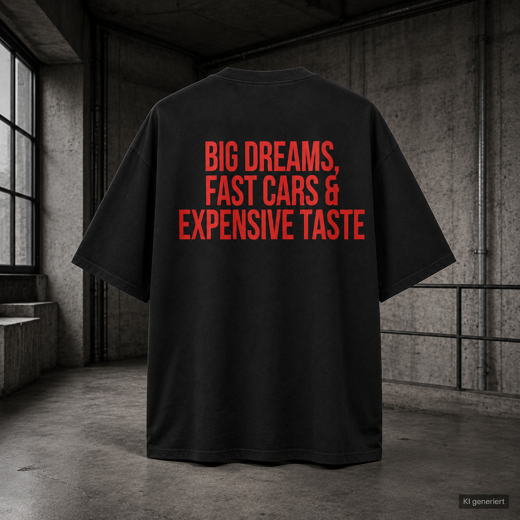 BIG DREAMS, FAST CARS & EXPENSIVE TASTE – Weißes Oversize T-Shirt Unisex mit rotem Backprint | Statement Streetwear Shirt