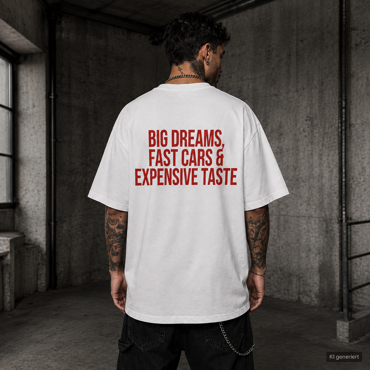 BIG DREAMS, FAST CARS & EXPENSIVE TASTE – Weißes Oversize T-Shirt Unisex mit rotem Backprint | Statement Streetwear Shirt