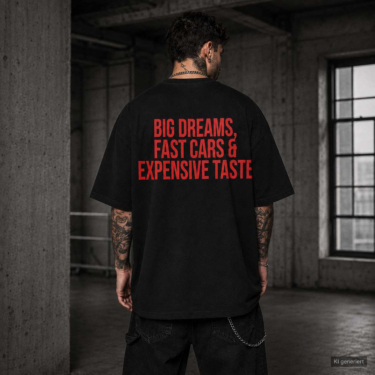 BIG DREAMS, FAST CARS & EXPENSIVE TASTE – Schwarzes Oversize T-Shirt Unisex mit rotem Backprint | Statement Streetwear Shirt