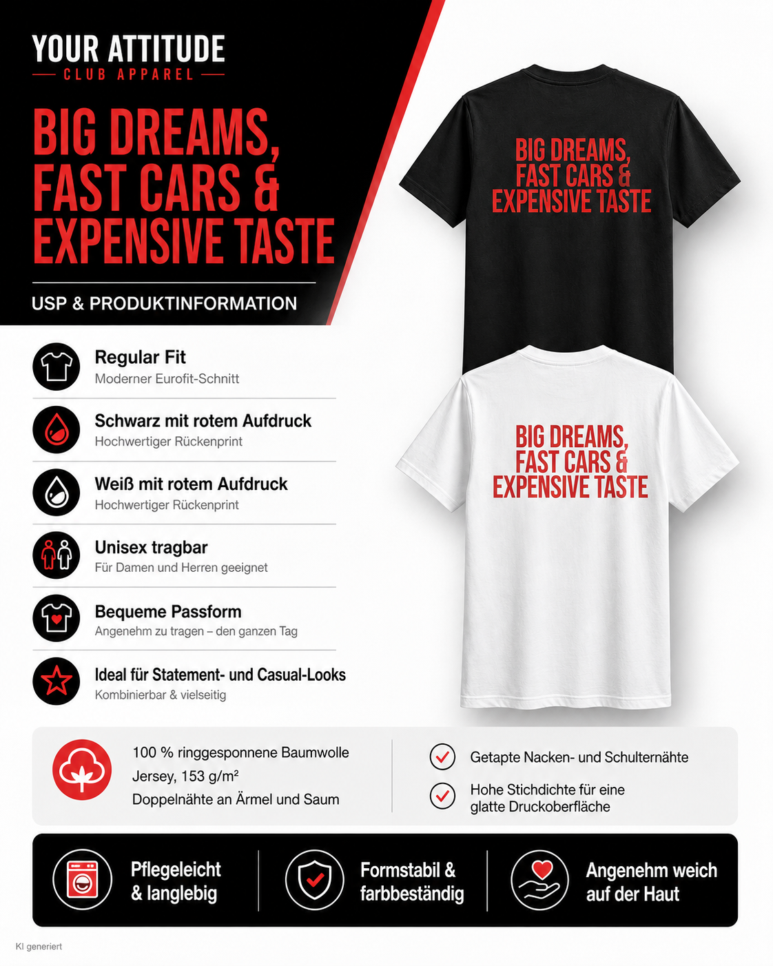 BIG DREAMS, FAST CARS & EXPENSIVE TASTE – Schwarzes Regular Fit T-Shirt Unisex | Backprint Statement Shirt | Streetwear S–5XL