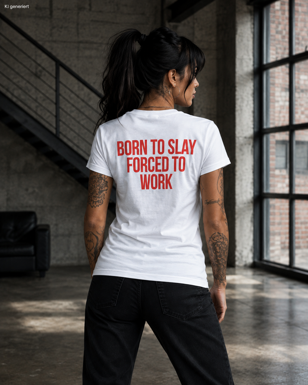 BORN TO SLAY FORCED TO WORK – Schwarzes Regular Fit T-Shirt Unisex | Backprint Statement Shirt | Streetwear S–5XL