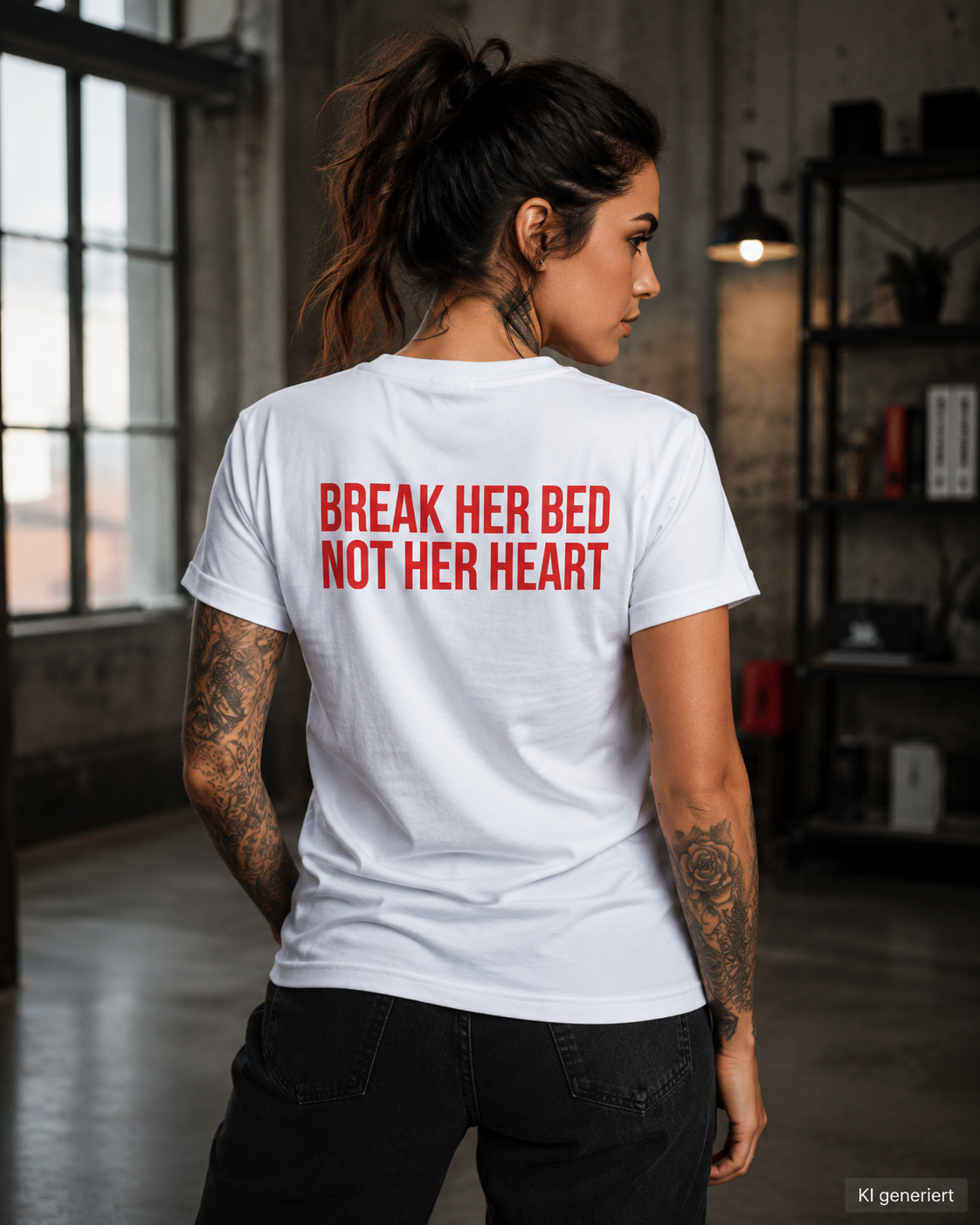 BREAK HER BED NOT HER HEART – Weißes Regular Fit T-Shirt Unisex | Backprint Statement Shirt | Streetwear S–5XL