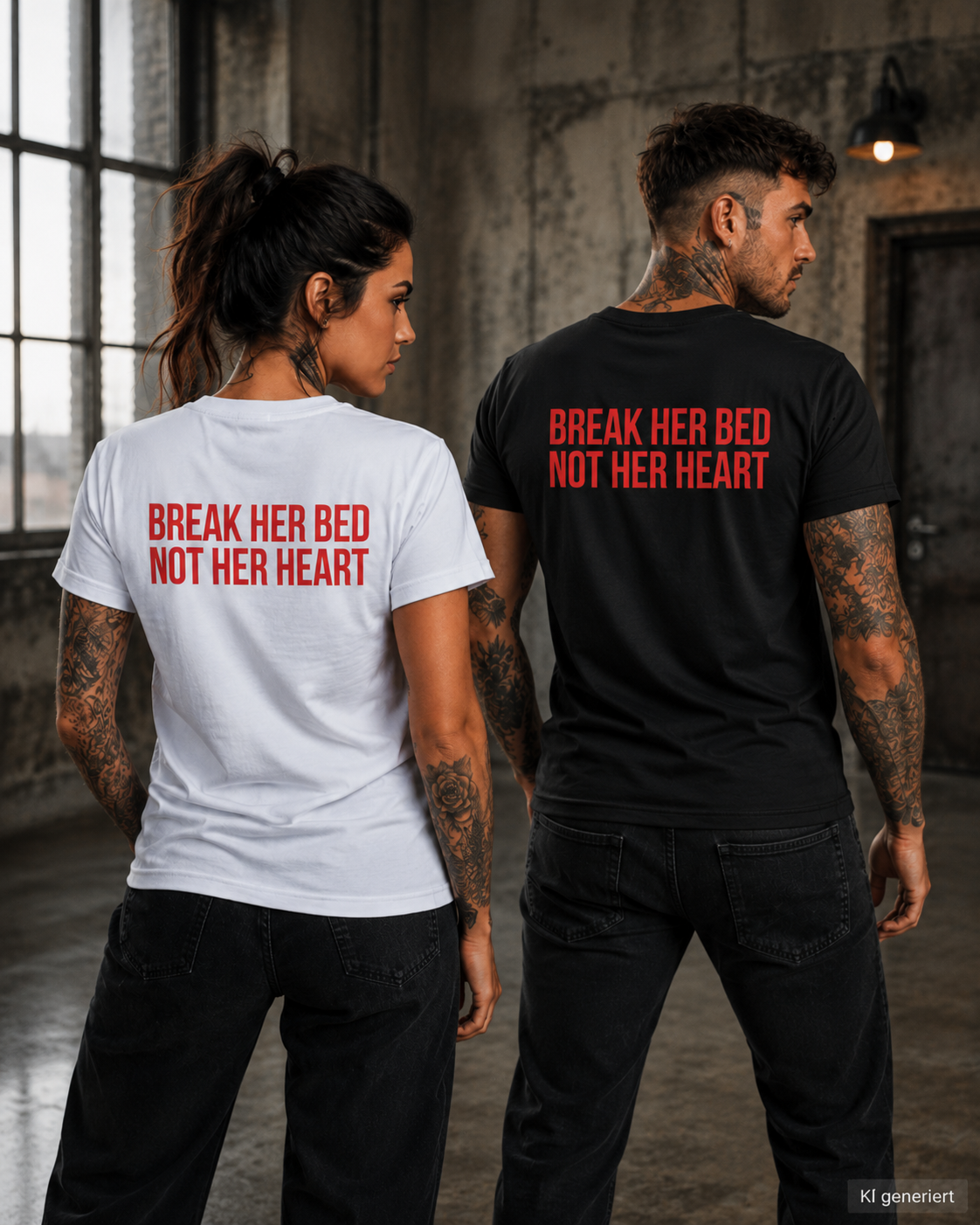 BREAK HER BED NOT HER HEART – Weißes Regular Fit T-Shirt Unisex | Backprint Statement Shirt | Streetwear S–5XL