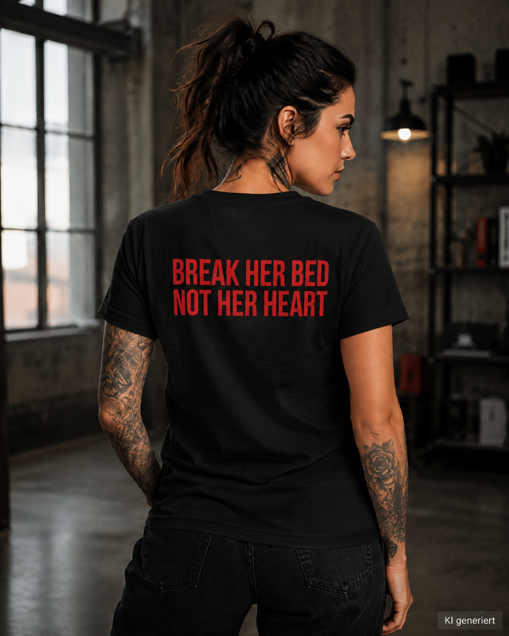 BREAK HER BED NOT HER HEART – Weißes Regular Fit T-Shirt Unisex | Backprint Statement Shirt | Streetwear S–5XL