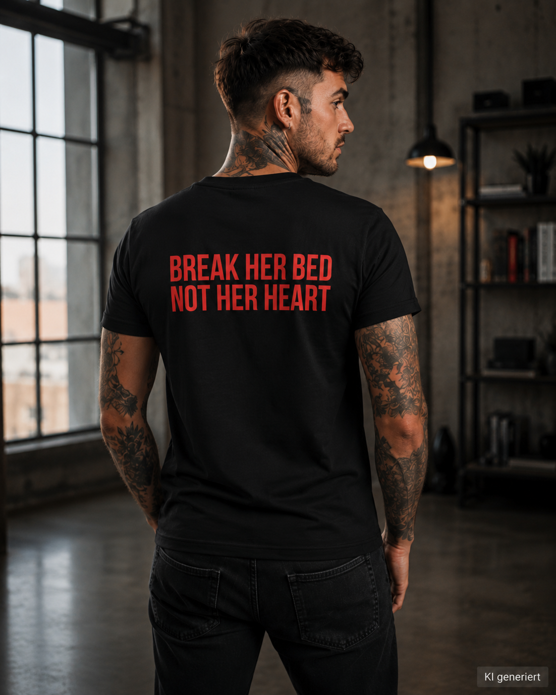 BREAK HER BED NOT HER HEART – Weißes Regular Fit T-Shirt Unisex | Backprint Statement Shirt | Streetwear S–5XL