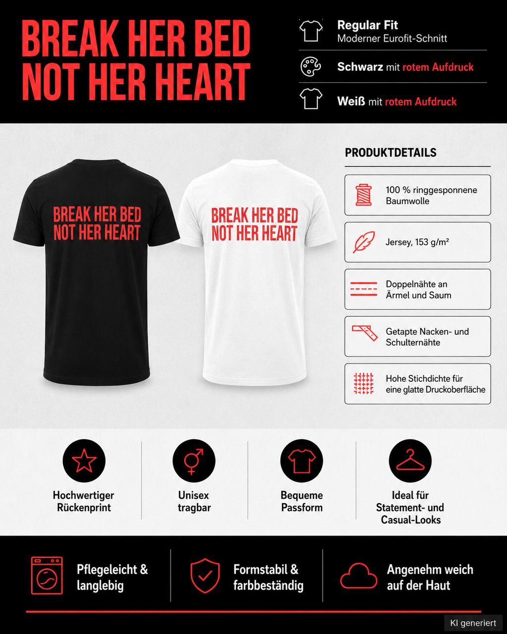 BREAK HER BED NOT HER HEART – Weißes Regular Fit T-Shirt Unisex | Backprint Statement Shirt | Streetwear S–5XL