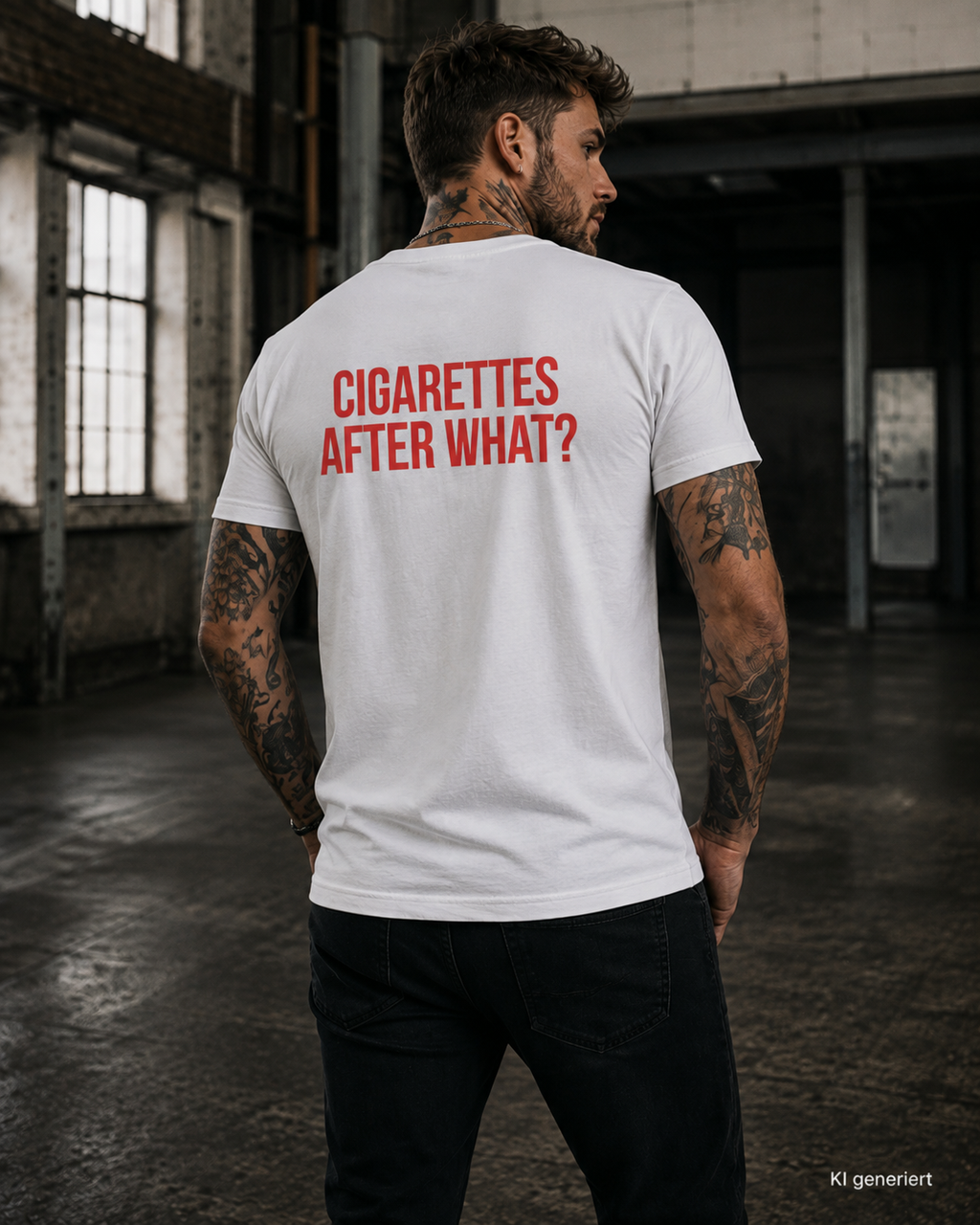 CIGARETTES AFTER WHAT? – Weißes Regular Fit T-Shirt Unisex mit rotem Backprint | Statement Shirt Streetwear S–5XL