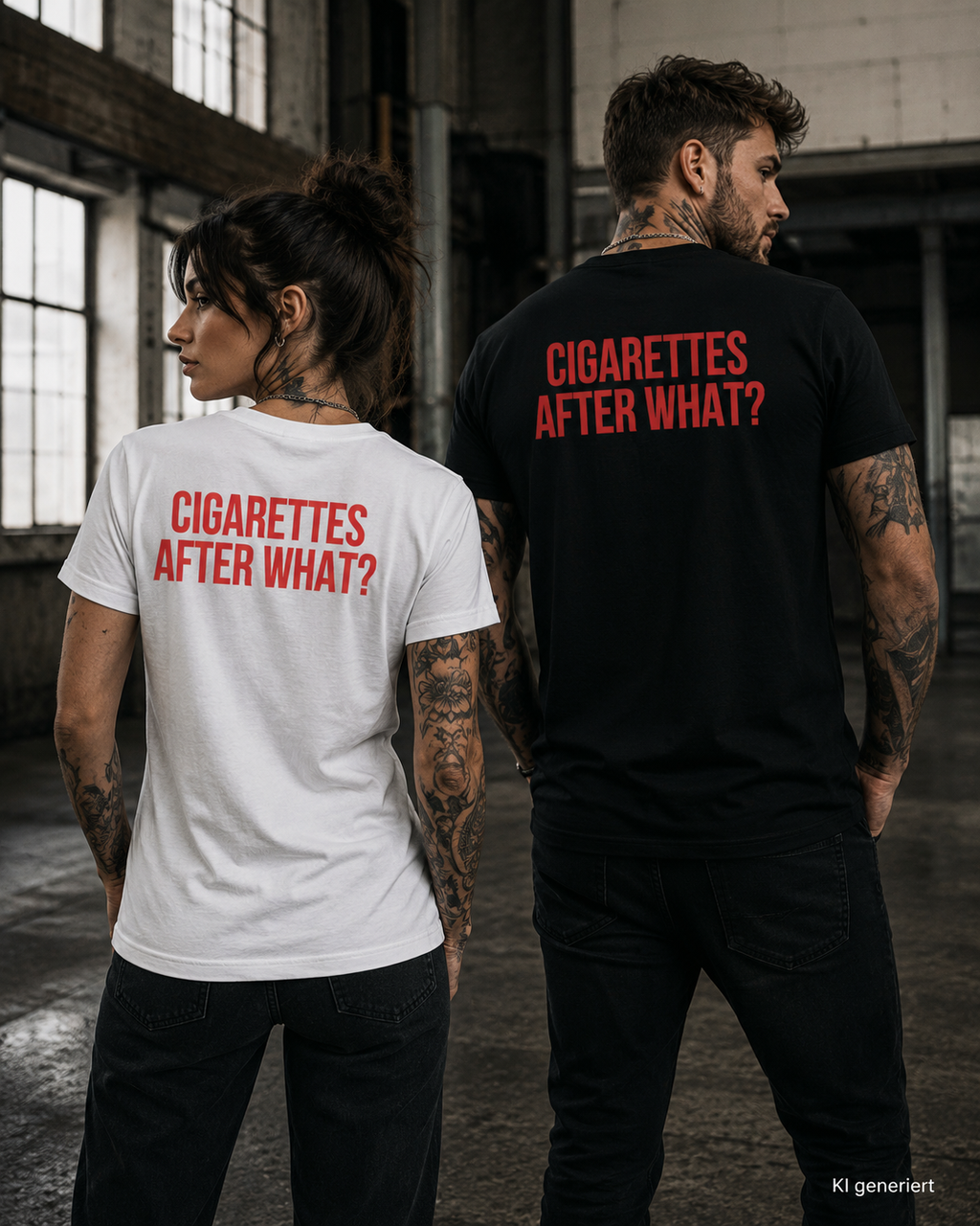 CIGARETTES AFTER WHAT? – Weißes Regular Fit T-Shirt Unisex mit rotem Backprint | Statement Shirt Streetwear S–5XL